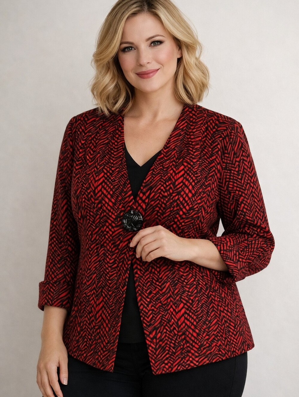 Ali Miles Red/Black Abstract One Button 3/4 Sleeve Blazer Size XL